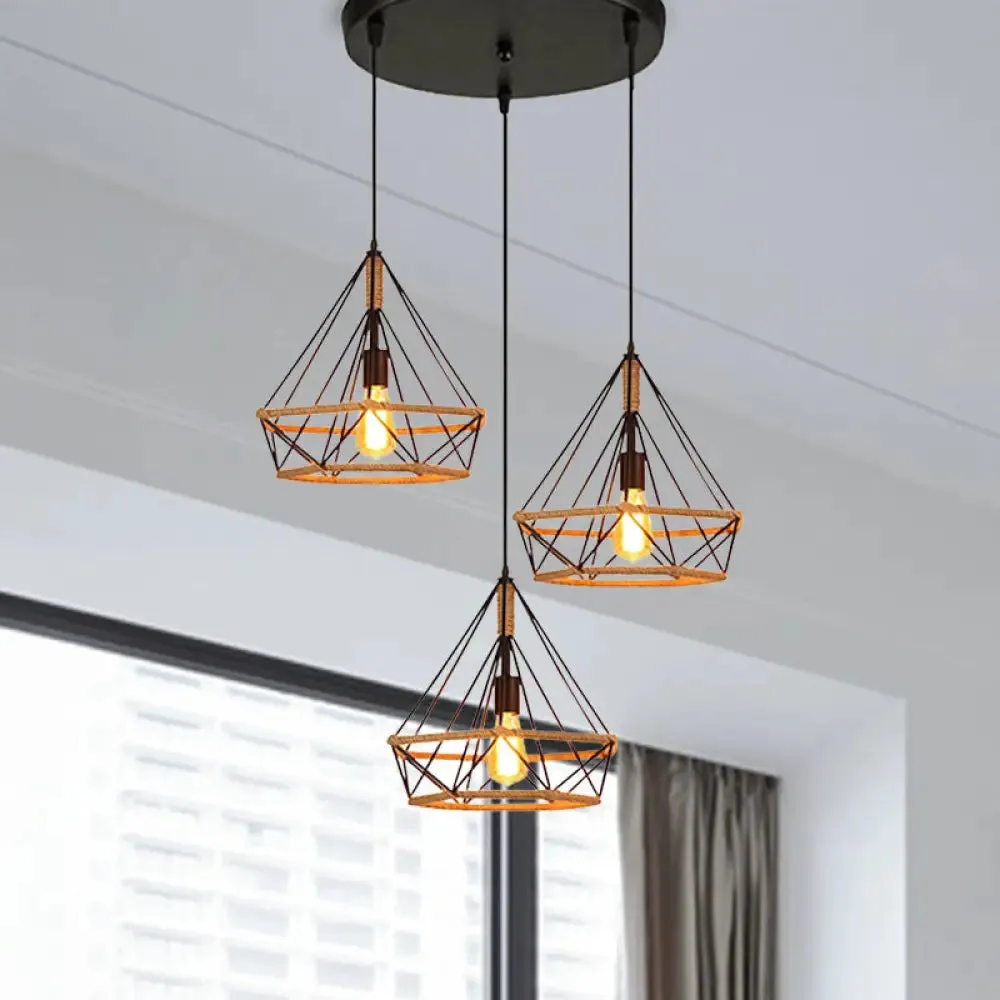 Diamond Cage Pendant Lamp - Industrial Stylish, 3 Lights, Metal and Rope, Black