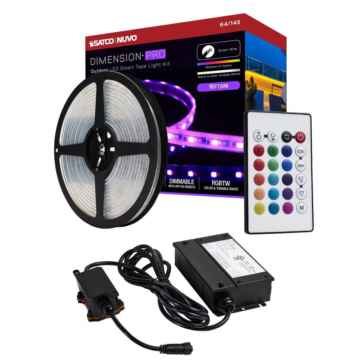 Dimension Pro Outdoor Smart LED Tape Light Kit with Remote, 16ft Reel, Color Changing RGB and Tunable White, 24V, J-Box Connection