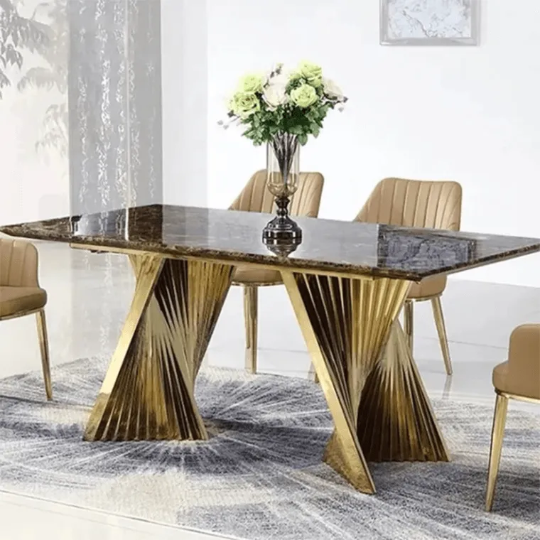 Elegant Gold and Imported Top Dining Table with Sculpted Base