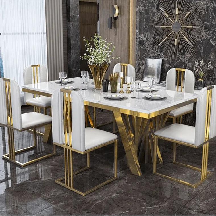 Elegant Gold and Imported Top Dining Table with Sculpted Base