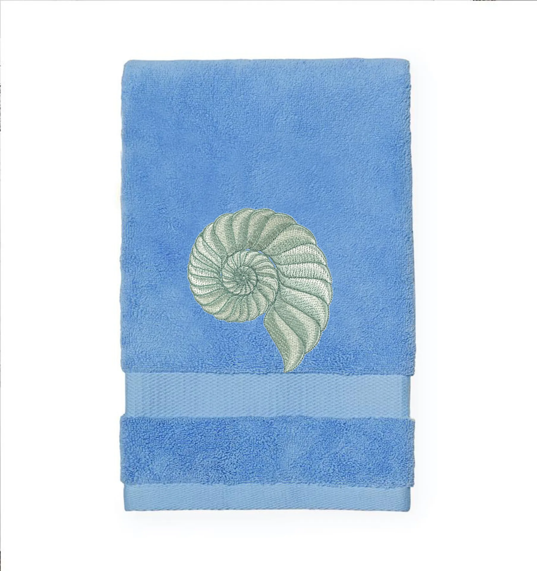 Embroidered Nautilus Shell Hand Towel. Elegant Nautilus in Beige or Green Embroidery with choice of towel color