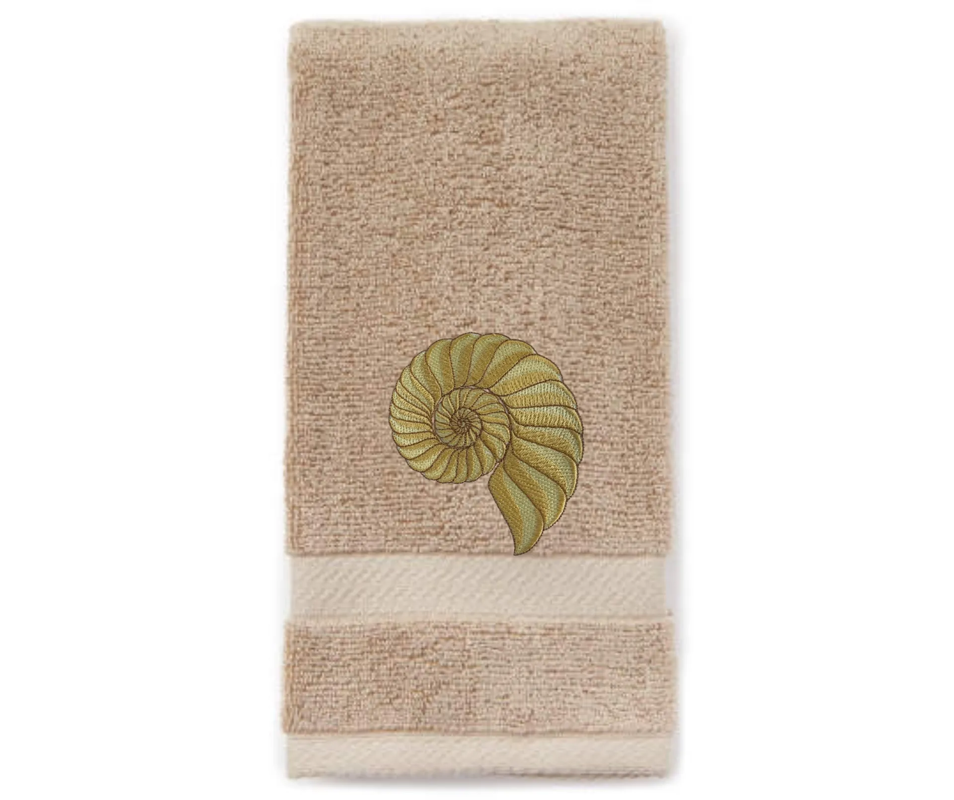 Embroidered Nautilus Shell Hand Towel. Elegant Nautilus in Beige or Green Embroidery with choice of towel color