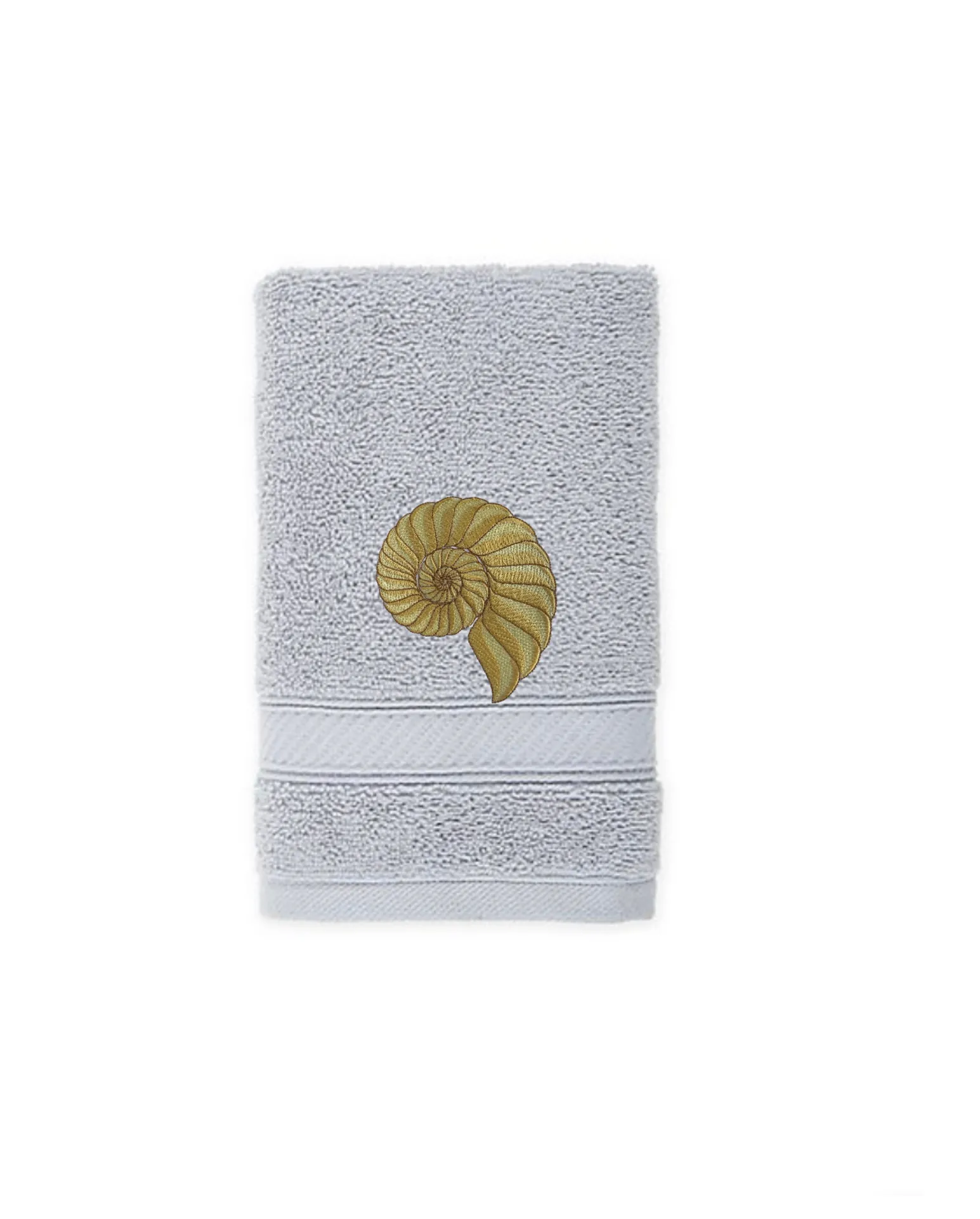 Embroidered Nautilus Shell Hand Towel. Elegant Nautilus in Beige or Green Embroidery with choice of towel color