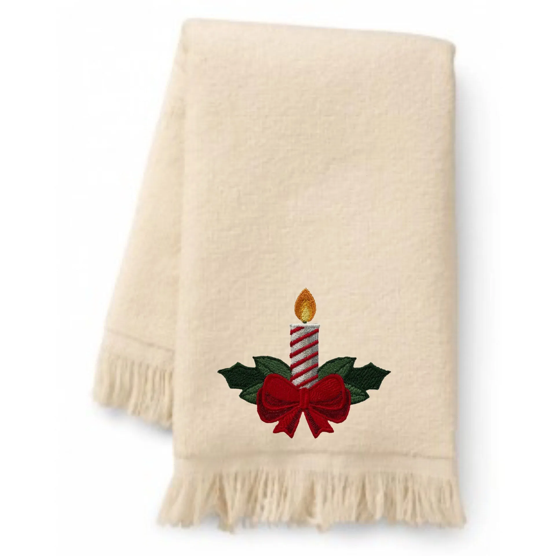 Embroidered Winter Christmas Candle Bath Towels. 100% Plush Cotton Hand or Fingertip Towel