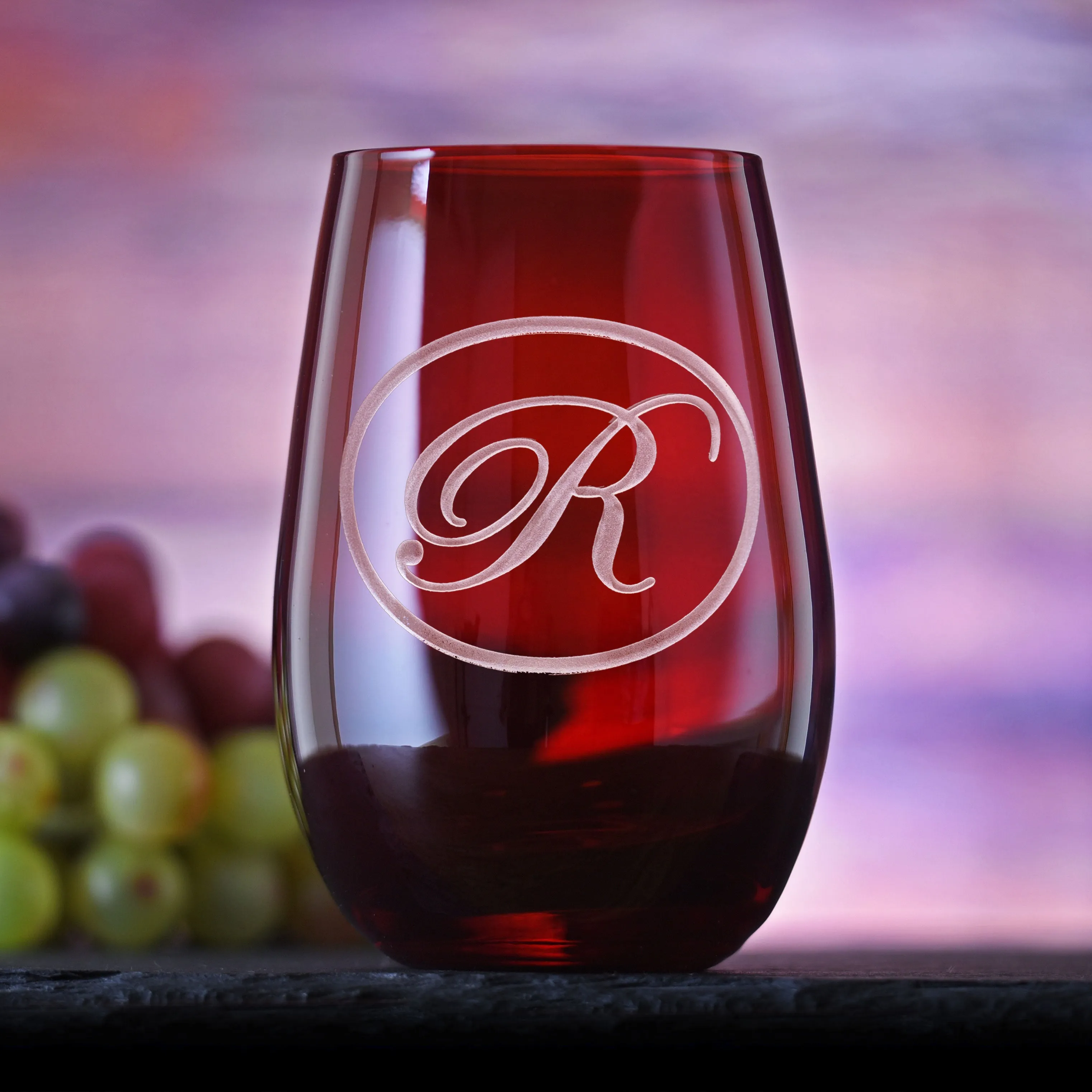 Etched Red Stemless Wine Glass Tumbler by Crystal Imagery