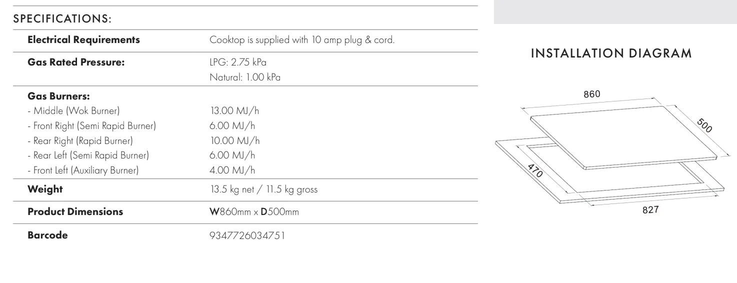 Euro Appliances ECT900GX3 90cm Stainless Steel Gas Cooktop - Special Order