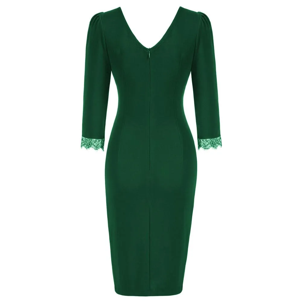 Fans Look of Retro V-Neck Lace Splicing Bodycon Dress 3/4 Puffed Sleeve Ruched Front Pencil Dress