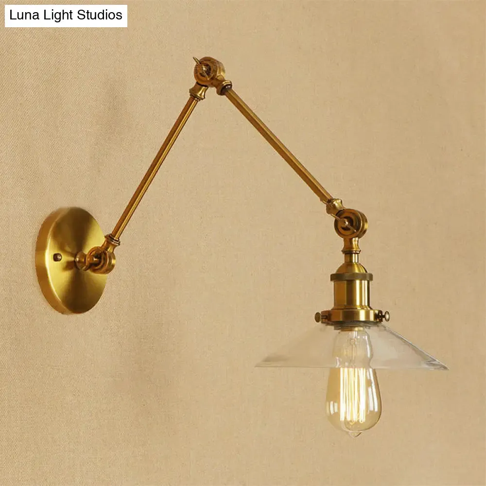 Farmhouse Amber Glass Wall Sconce Light Fixture - Brass Cone Design