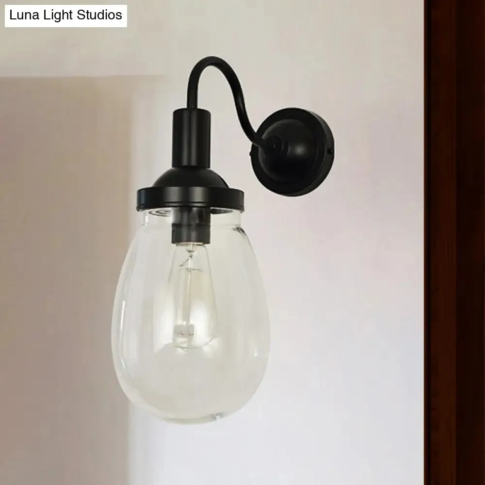 Farmhouse Style Gooseneck Clear Glass Wall Sconce in Black - Single Bulb Bedroom Lamp