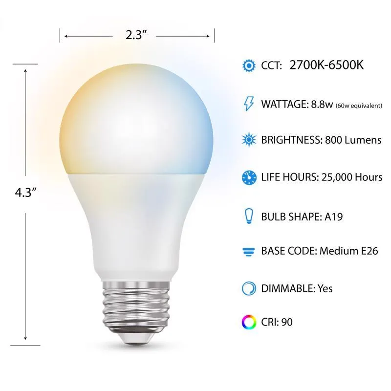 Feit A19 E26 (Medium) Smart-Enabled LED Bulb Adjustable White 60 Watt Equivalence 3 pk