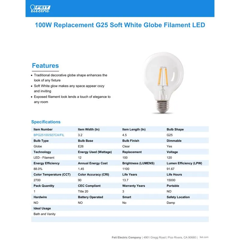 Feit LED G25 E26 (Medium) Filament LED Bulb Soft White 100 Watt Equivalence 1 pk