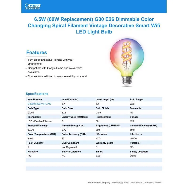 Feit Smart Home G30 E26 (Medium) Smart-Enabled LED Bulb Color Changing 60 Watt Equivalence 1 pk