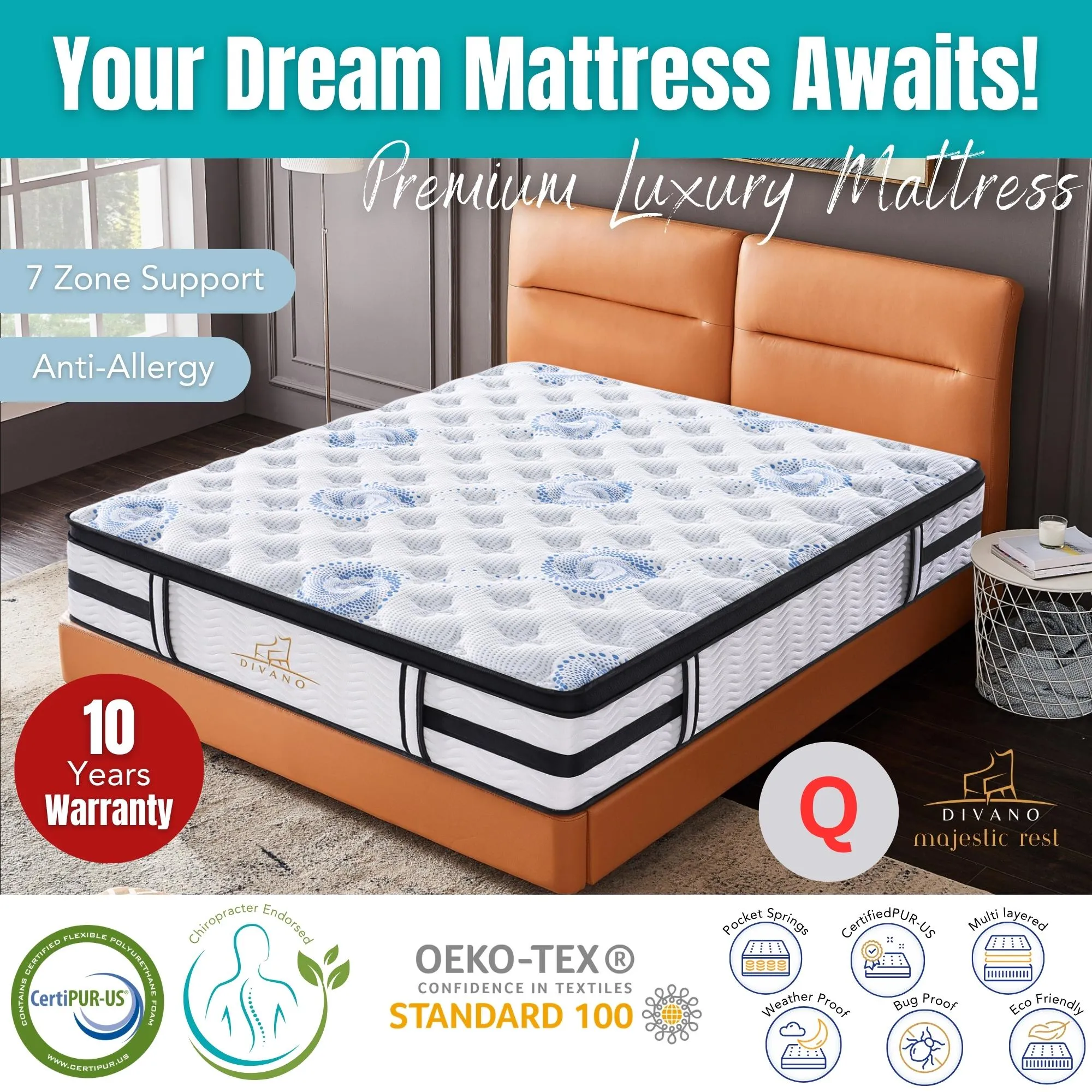 Firm Luxury Queen Mattress with 7 Zones Support - Majestic Rest