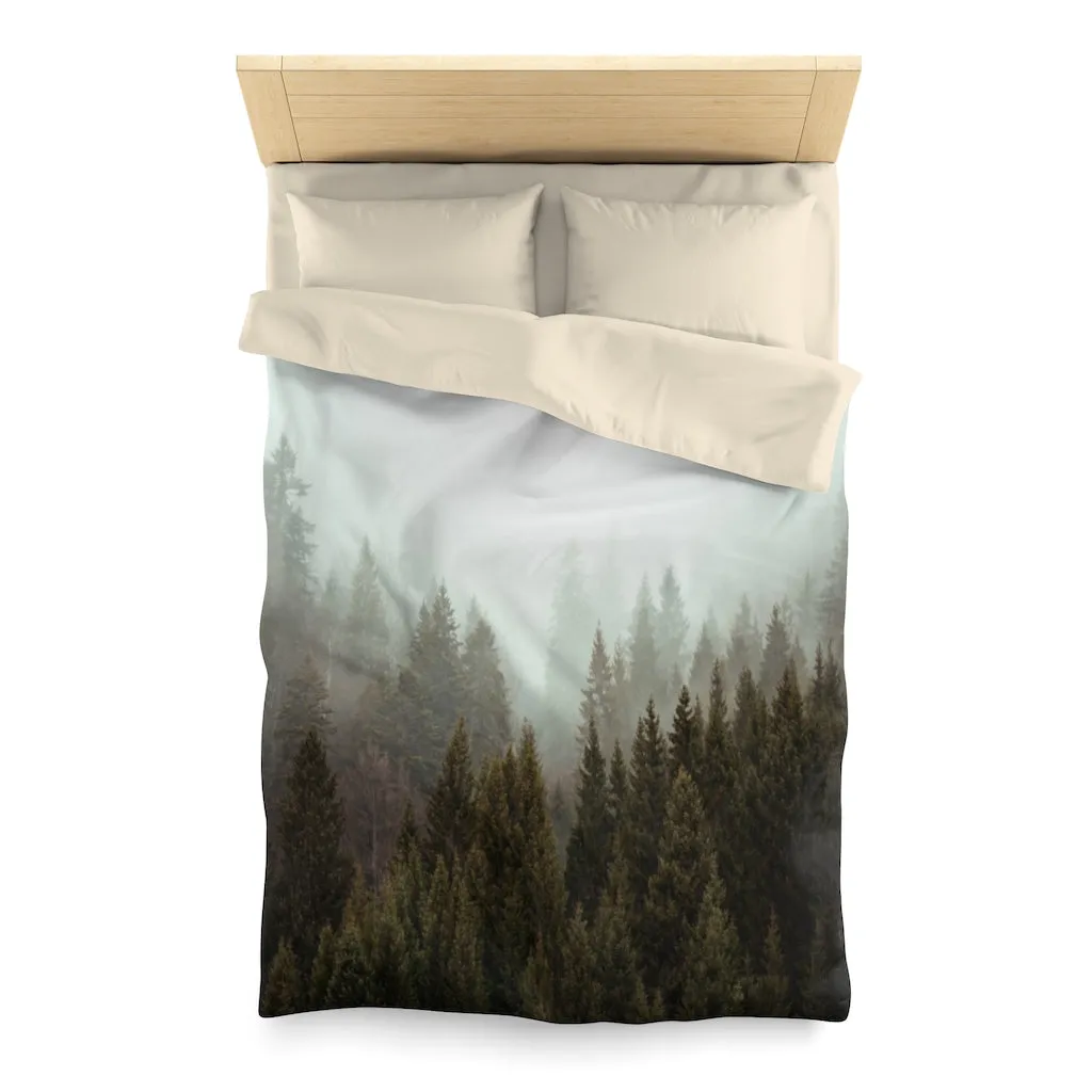 Foggy Forest Duvet Cover, Pine Trees Microfiber Full Queen Twin Unique Vibrant Bed Cover Modern Home Bedding Bedroom Décor