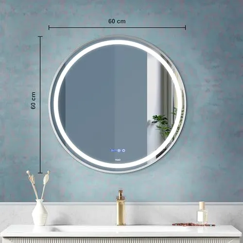 Fuao Premium HD Smart Mirror for Walls with Anti-Fog Function, Time-Temperature Display and Adjustable Brightness 3-Tone LED Lighting| 100% Silver Coating, Anodized Aluminium Frame Round-Silver-60CM