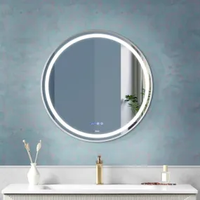 Fuao Premium HD Smart Mirror for Walls with Anti-Fog Function, Time-Temperature Display and Adjustable Brightness 3-Tone LED Lighting| 100% Silver Coating, Anodized Aluminium Frame Round-Silver-60CM