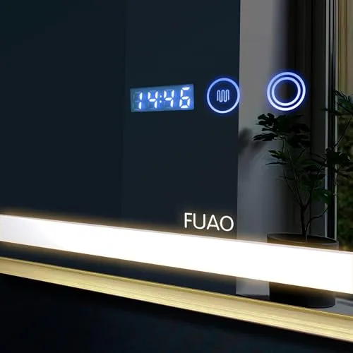 Fuao Premium HD Smart Mirror for Walls with Anti-Fog Function, Time-Temperature Display and Adjustable Brightness 3-Tone LED Lighting| 100% Silver Coating, Anodized Aluminium Frame Round-Silver-60CM