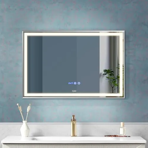 Fuao Premium HD Smart Mirror for Walls with Anti-Fog Function, Time-Temperature Display and Adjustable Brightness 3-Tone LED Lighting| 100% Silver Coating, Anodized Aluminium Frame Silver80*60CM