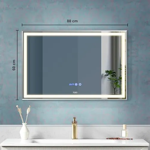 Fuao Premium HD Smart Mirror for Walls with Anti-Fog Function, Time-Temperature Display and Adjustable Brightness 3-Tone LED Lighting| 100% Silver Coating, Anodized Aluminium Frame Silver80*60CM