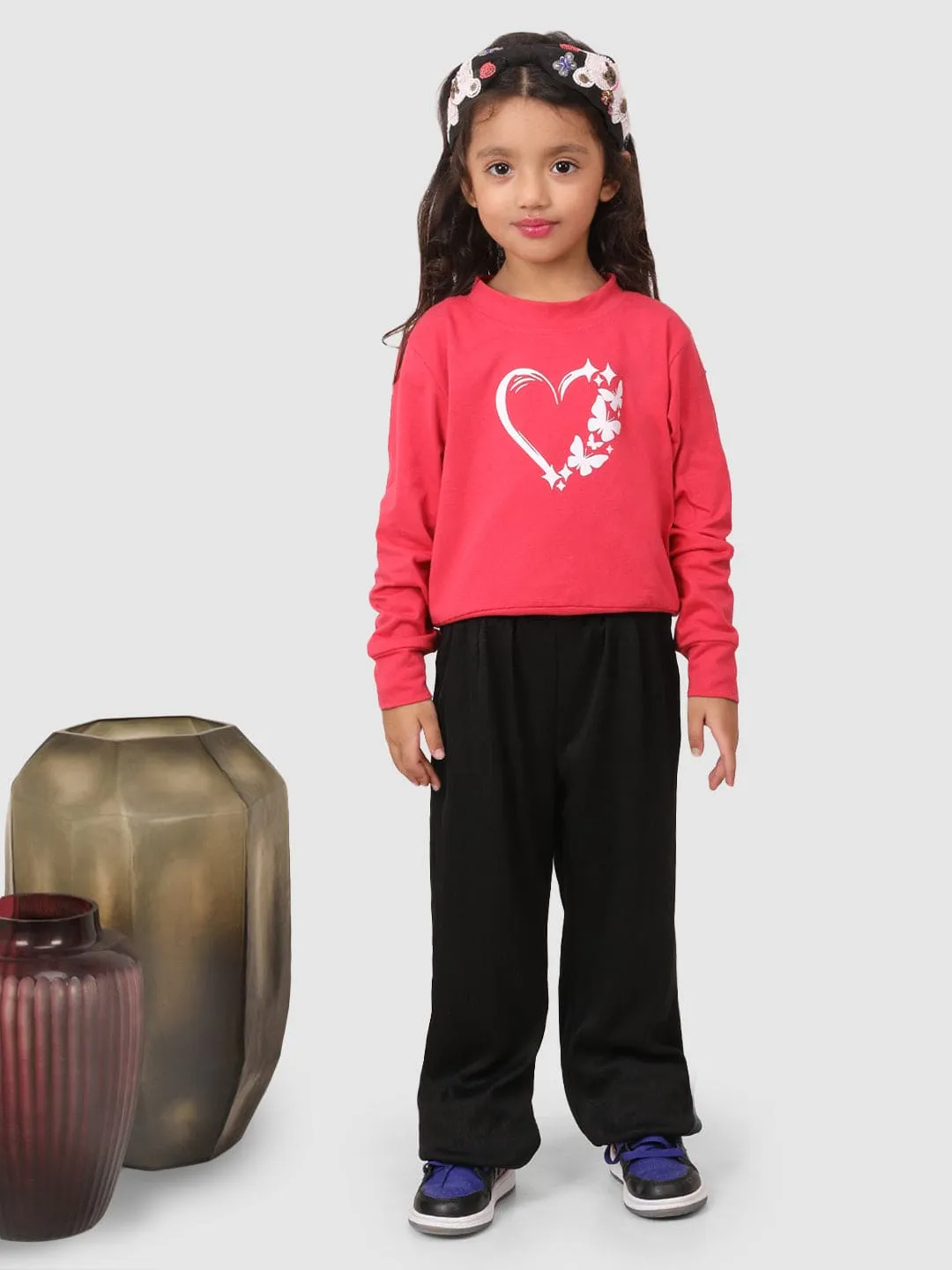 Full Sleeve Heart print T-shirt With pant Pink and Black