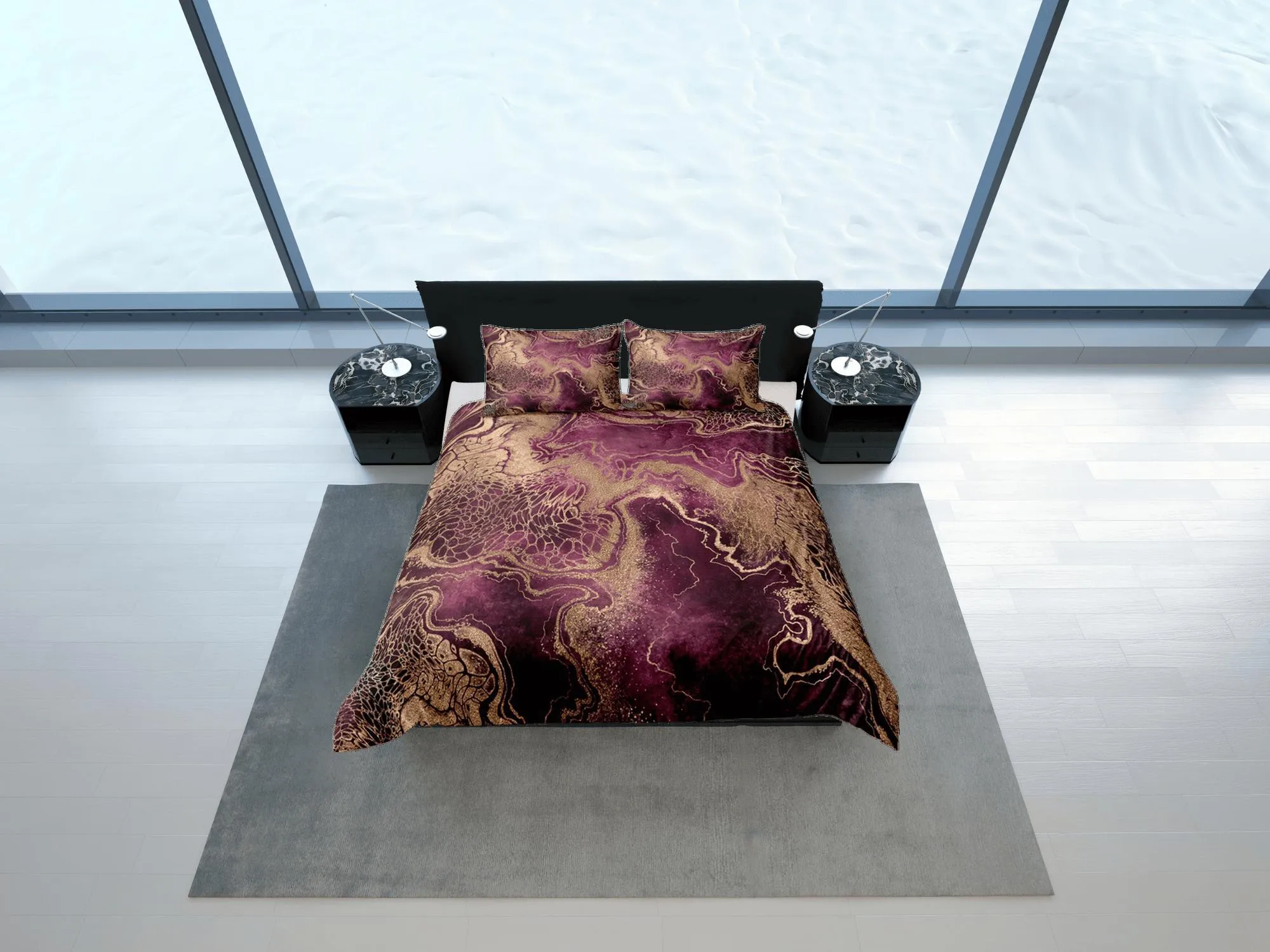 Gold Marble Swirl Violet Duvet Cover Set Colorful Bedspread, Dorm Bedding & Pillowcase, King Duvet Cover Full, Comforter Queen