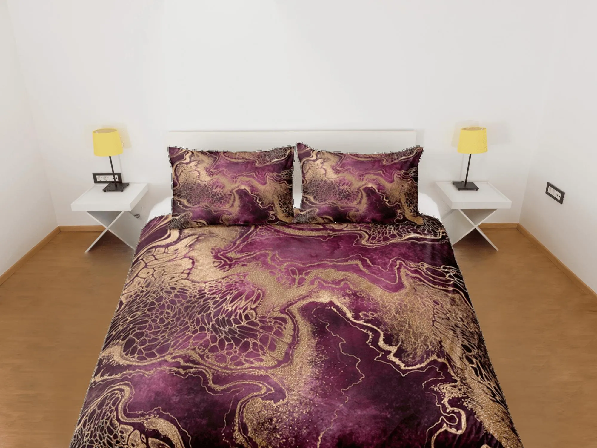 Gold Marble Swirl Violet Duvet Cover Set Colorful Bedspread, Dorm Bedding & Pillowcase, King Duvet Cover Full, Comforter Queen