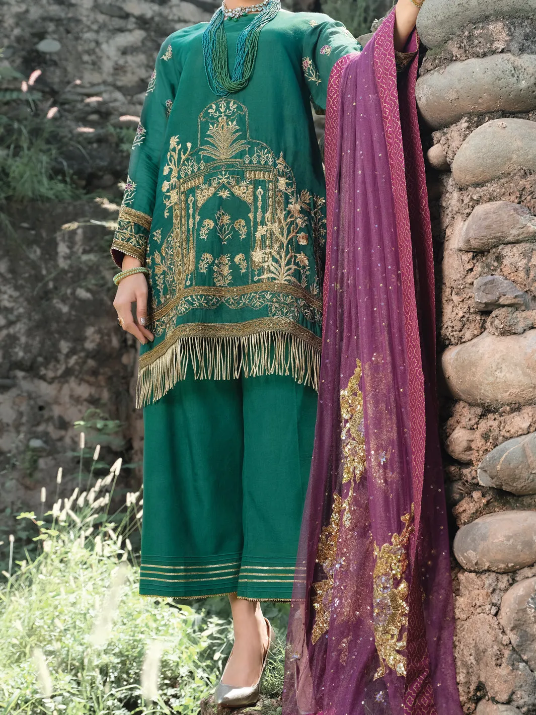 Green Silk 3 Piece Formal Unstitched - LS-304