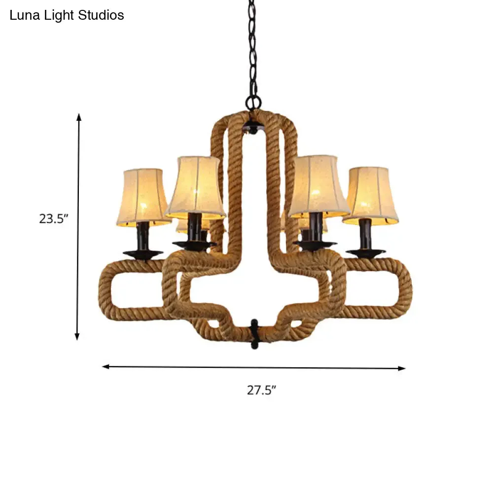 Hanging Chandelier Light with Bell Fabric Shades, Loft Style, 6 Heads, Brown, Rope Detail - Perfect for Restaurants