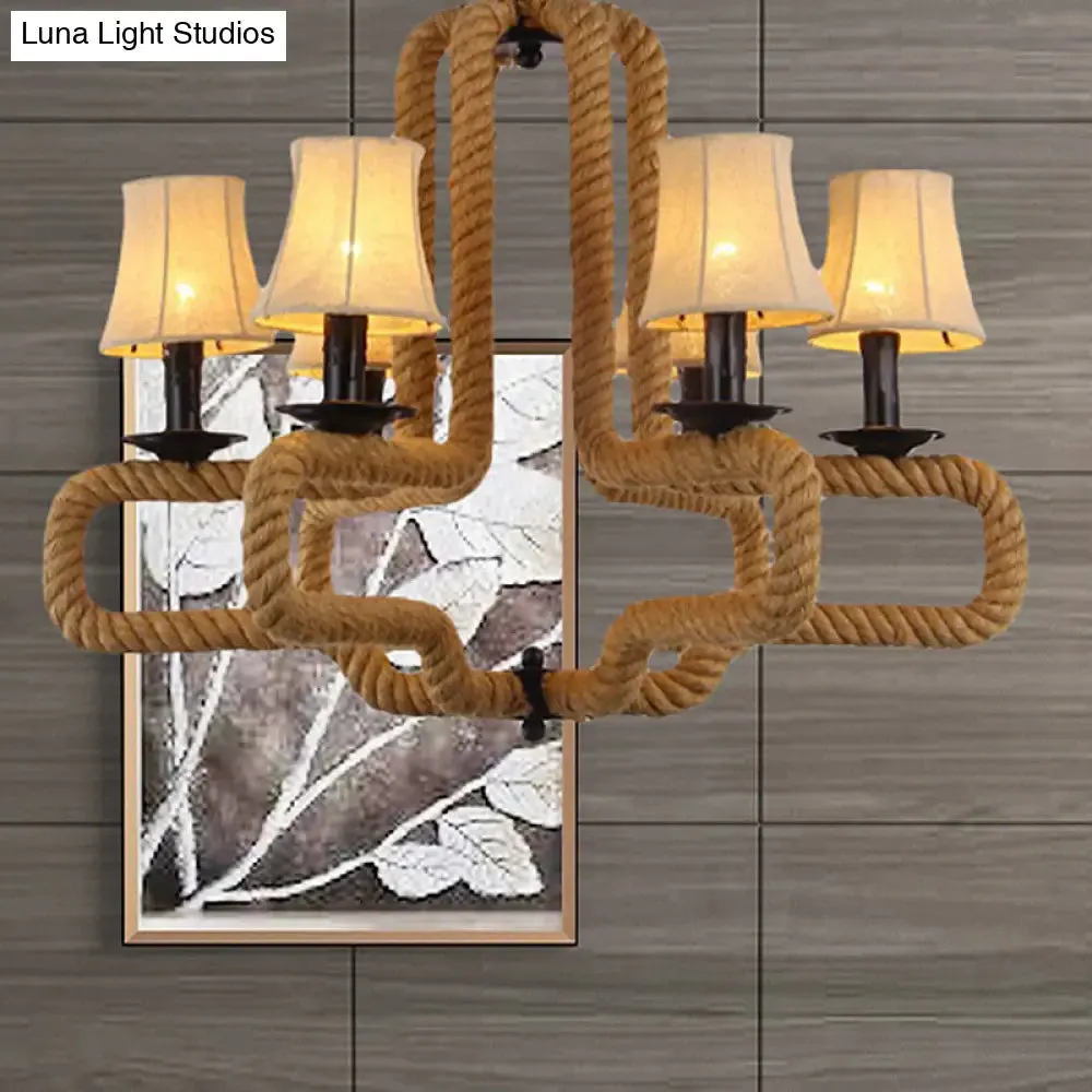 Hanging Chandelier Light with Bell Fabric Shades, Loft Style, 6 Heads, Brown, Rope Detail - Perfect for Restaurants