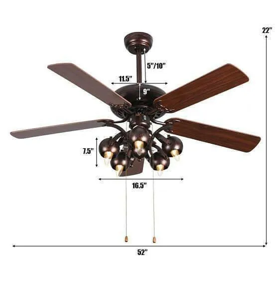 Hardy-52" Vintage Rustic Ceiling Fan Light w/ 5 Reversible Blades