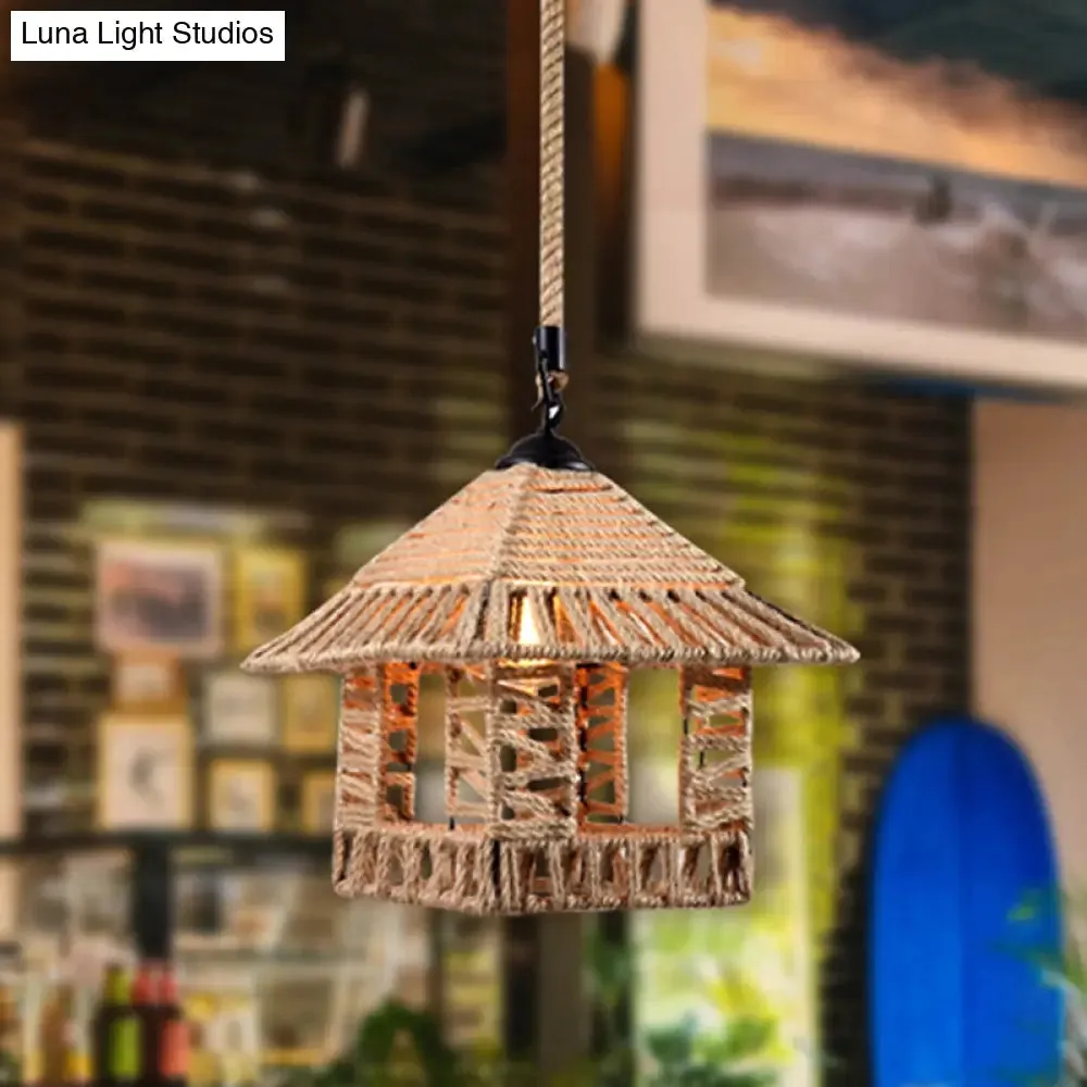 Hemp Rope Caged Pendant: Flaxen Single-Bulb Industrial Hanging Lamp