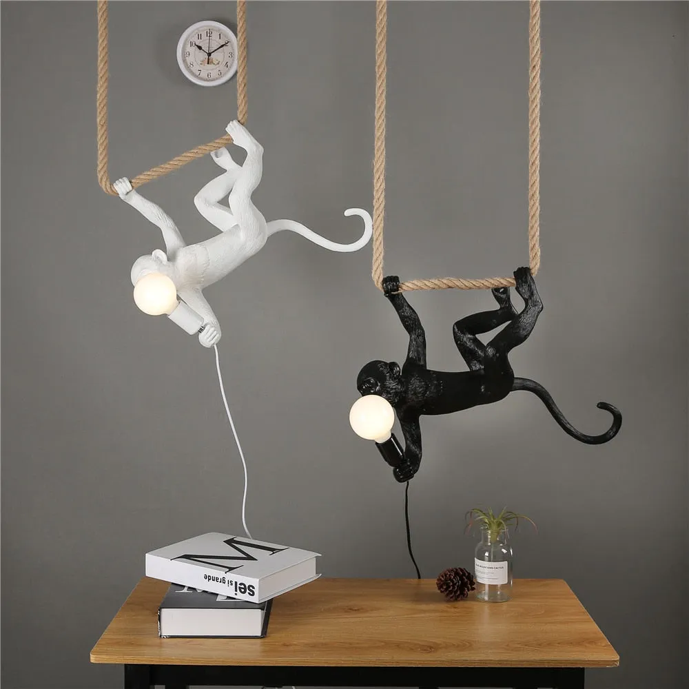 Hemp Rope Monkey Lamp for Living Room Decor - Indoor Pendant Lighting in Black and White