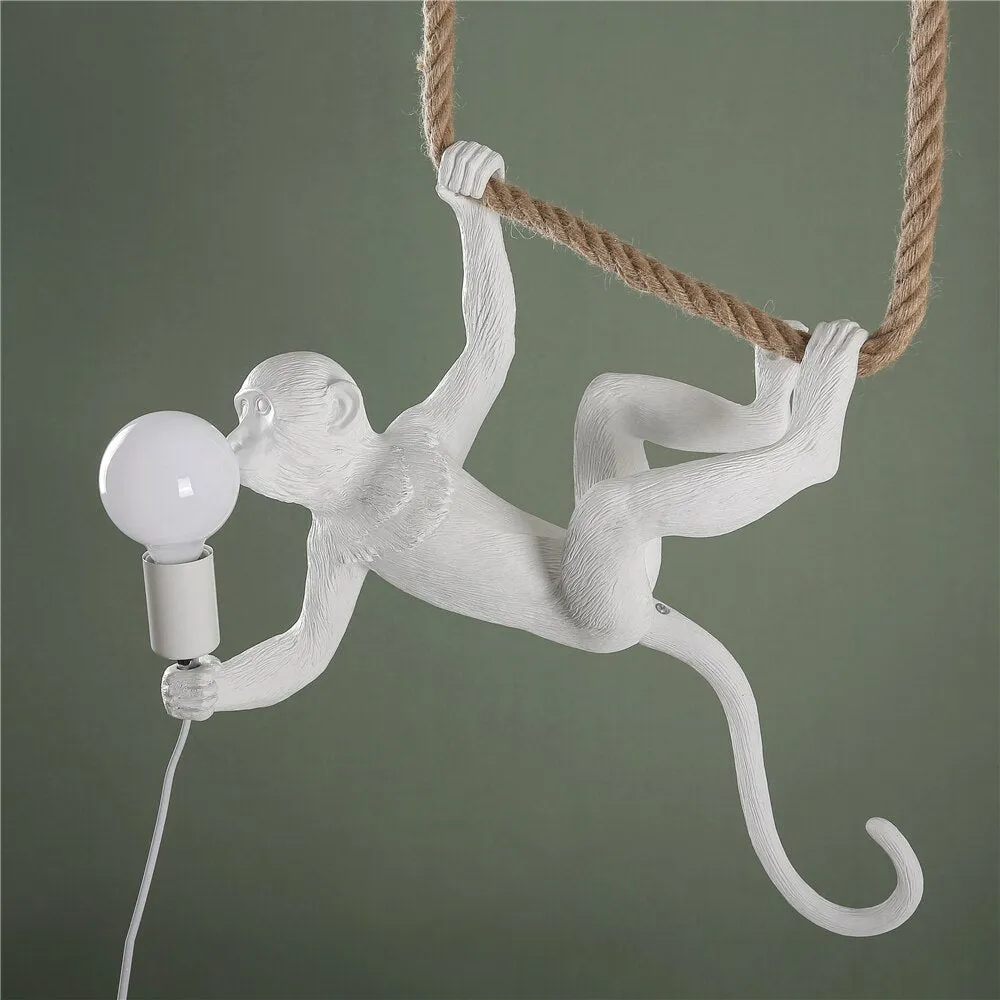 Hemp Rope Monkey Lamp for Living Room Decor - Indoor Pendant Lighting in Black and White