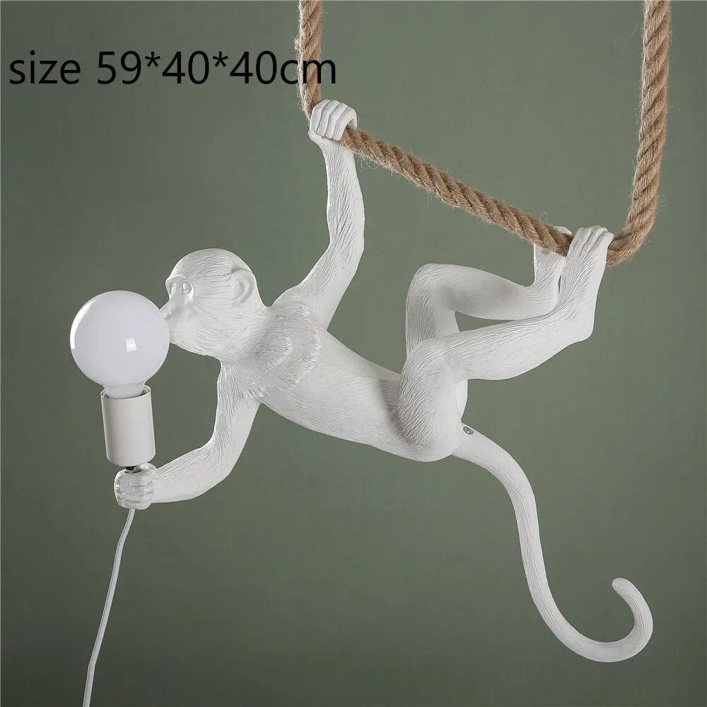 Hemp Rope Monkey Lamp for Living Room Decor - Indoor Pendant Lighting in Black and White