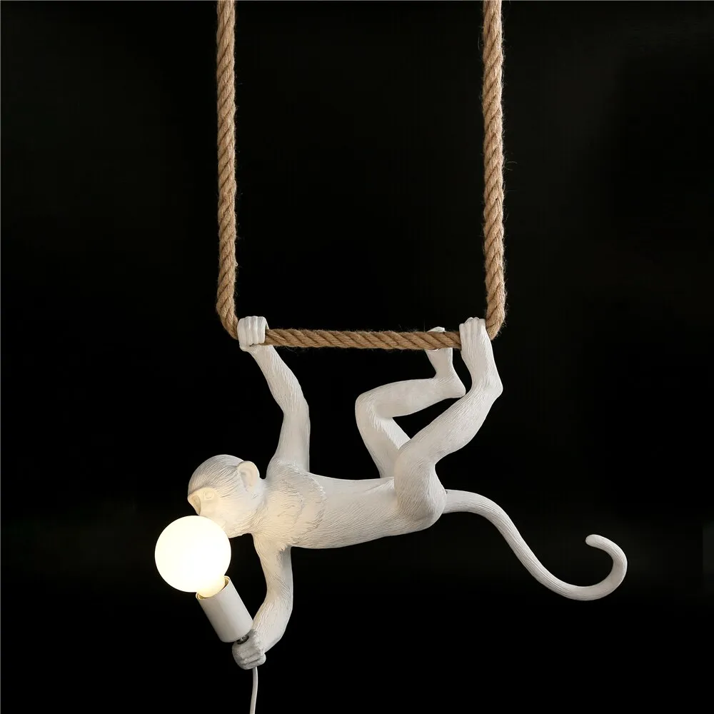 Hemp Rope Monkey Lamp for Living Room Decor - Indoor Pendant Lighting in Black and White