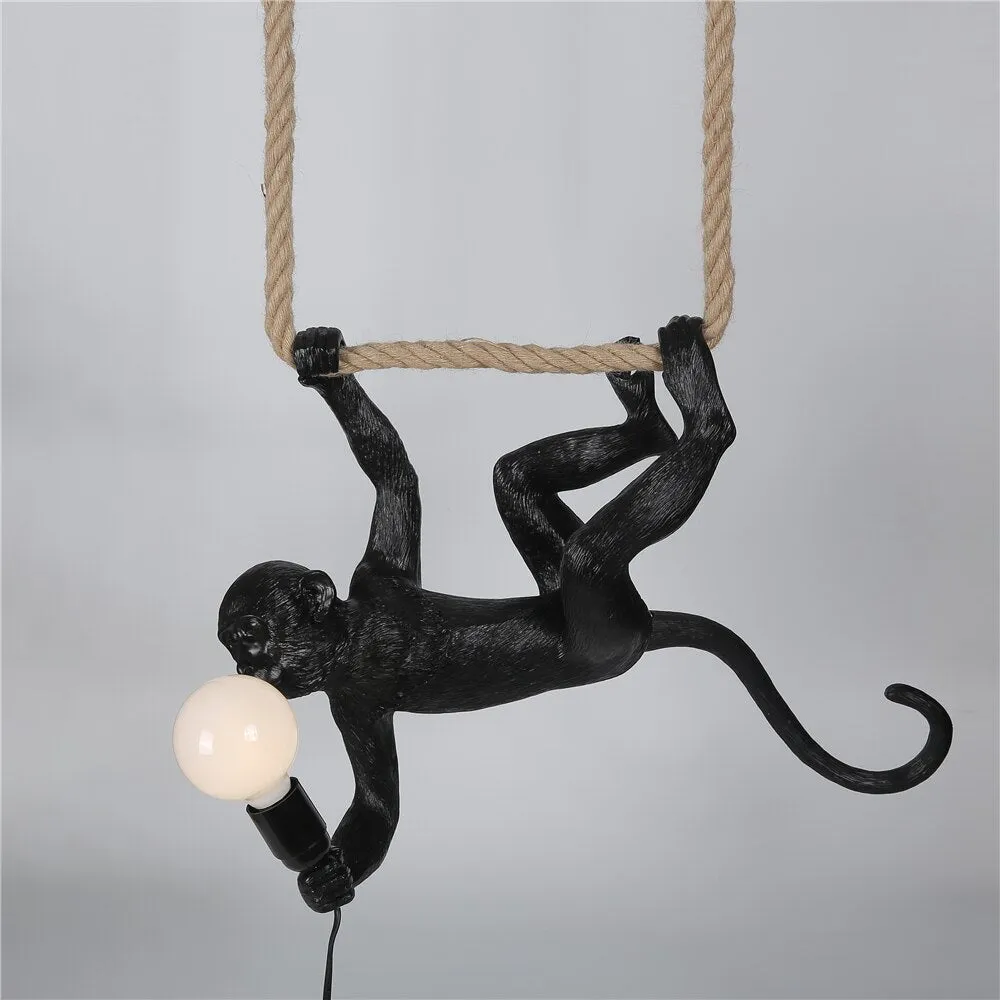 Hemp Rope Monkey Lamp for Living Room Decor - Indoor Pendant Lighting in Black and White