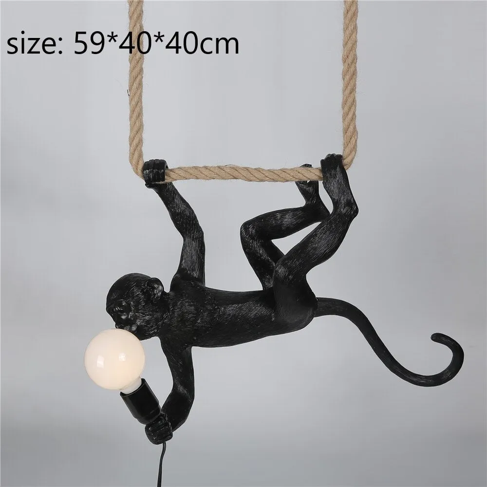 Hemp Rope Monkey Lamp for Living Room Decor - Indoor Pendant Lighting in Black and White