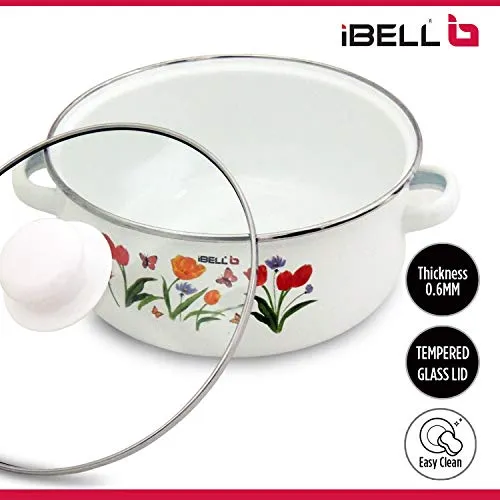 IBELL IBL ECS 206FL Decorative Enamel Ceramic Casserole with Sturdy Glass Lids, 20 cm, 2.2 L