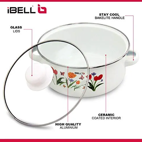 IBELL IBL ECS 206FL Decorative Enamel Ceramic Casserole with Sturdy Glass Lids, 20 cm, 2.2 L