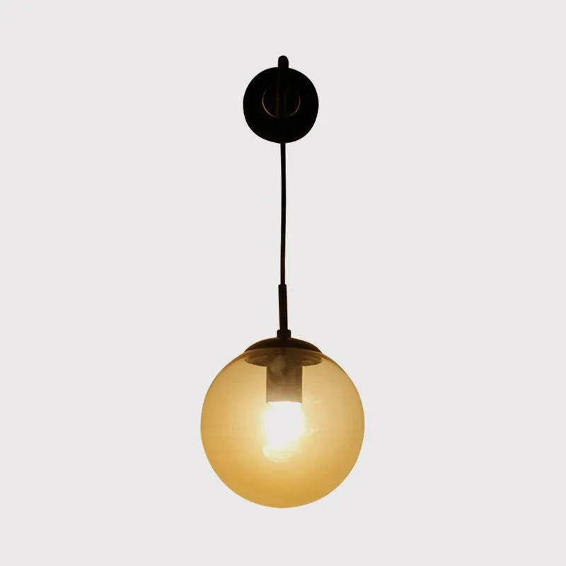 Industrial Amber Glass Wall Lamp - 1 Light Globe Sconce Light Fixture in Black/Brass for Living Room