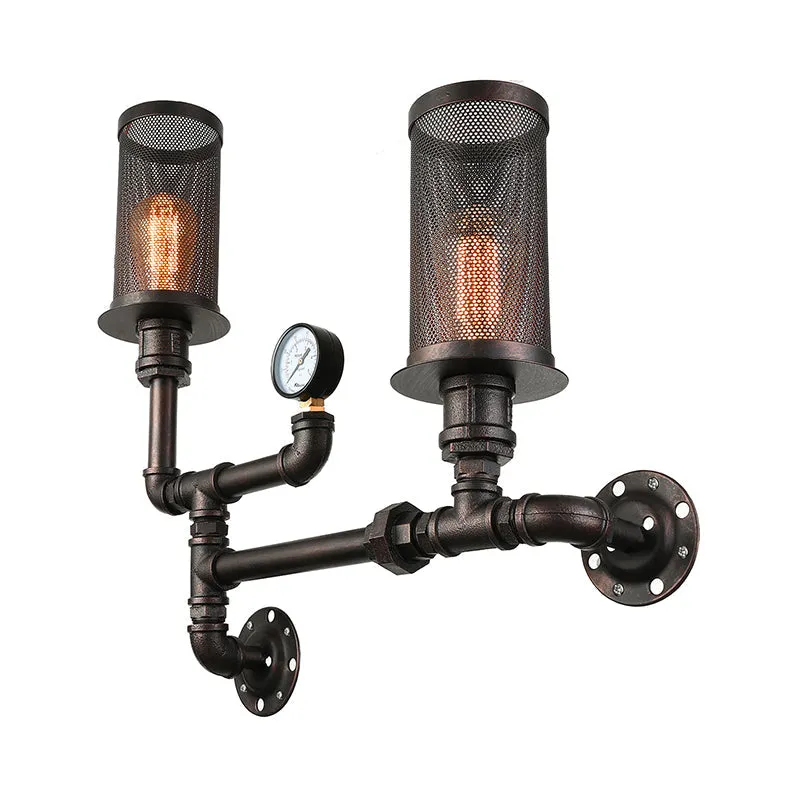 Industrial Black Metal Sconce Light with Mesh Shade and Gauge Design - Bedroom Wall Lighting