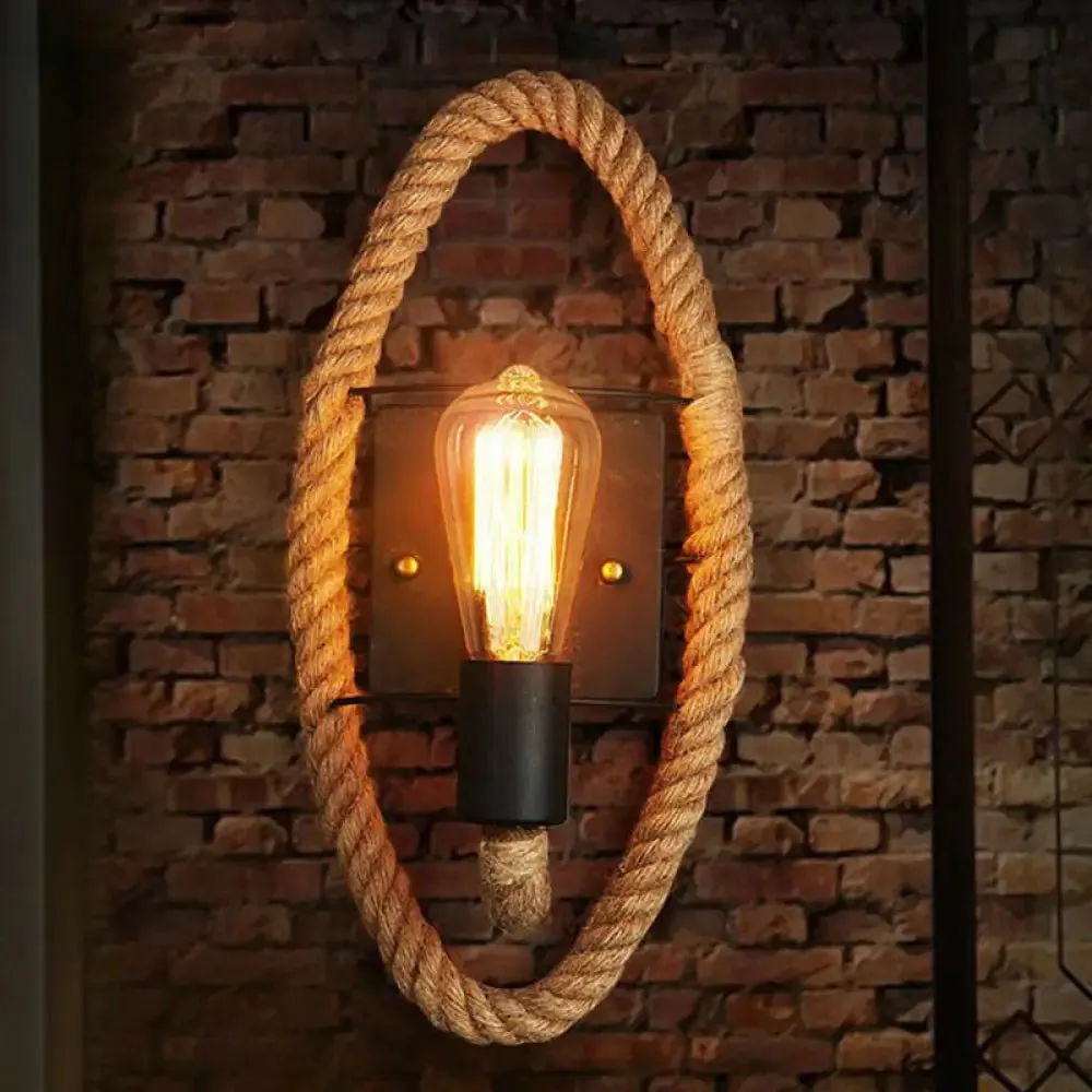 Industrial Black Open Bulb Wall Lamp - Single-Bulb Iron Light with Hemp Rope - Corridor Wall Mounted