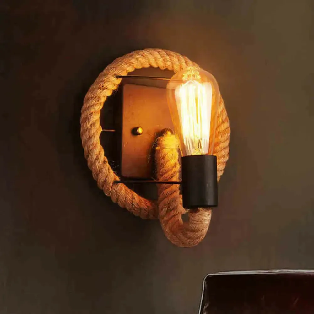 Industrial Black Open Bulb Wall Lamp - Single-Bulb Iron Light with Hemp Rope - Corridor Wall Mounted