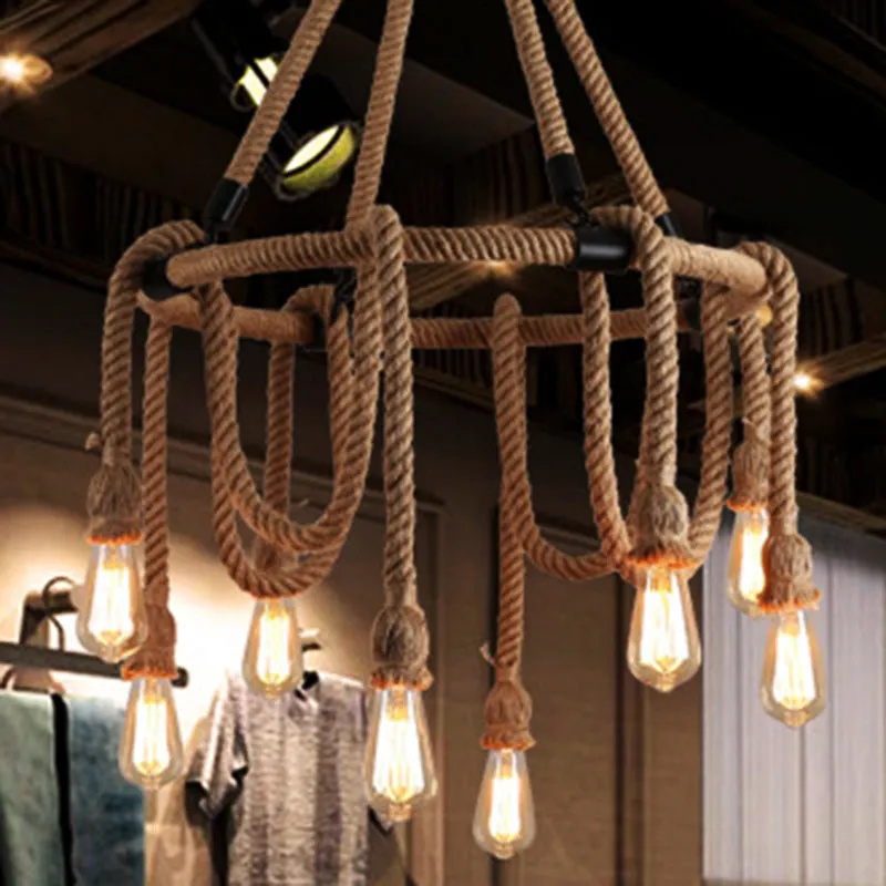 Industrial Exposed Bulb Chandelier: Beige Rope Hanging Fixture for Dining Room - 6/8 Light