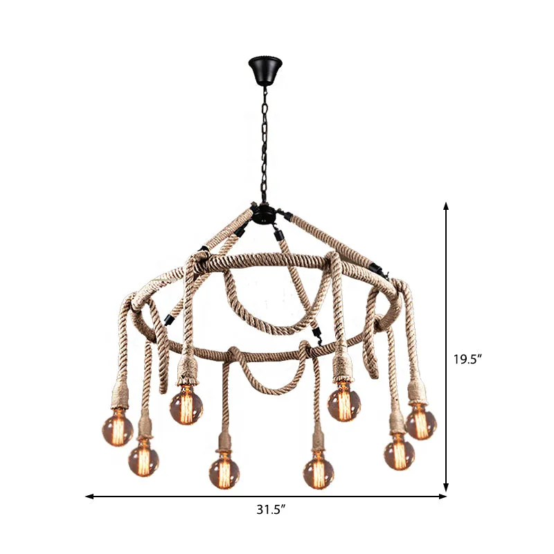 Industrial Exposed Bulb Chandelier: Beige Rope Hanging Fixture for Dining Room - 6/8 Light