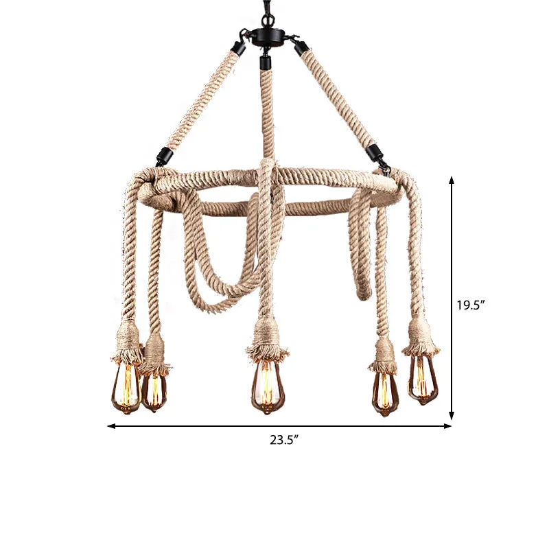 Industrial Exposed Bulb Chandelier: Beige Rope Hanging Fixture for Dining Room - 6/8 Light