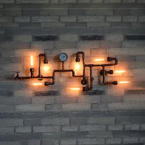 Industrial Iron Wall Sconce - 8-Light Fixture in Bronze with Twisted Pipe Design for Restaurants - Bare Bulb Lighting