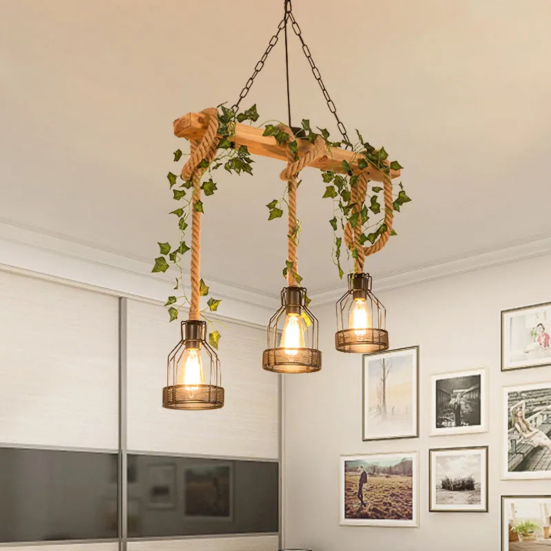 Industrial Metal Caged Island Pendant Light with Rope Hanging Lamp - Brown