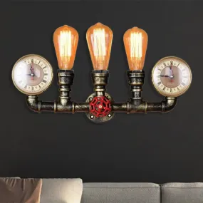 Industrial Metal Sconce Lighting: Wall Mounted Lamp with Pressure Gauge - 3 Bulbs Included