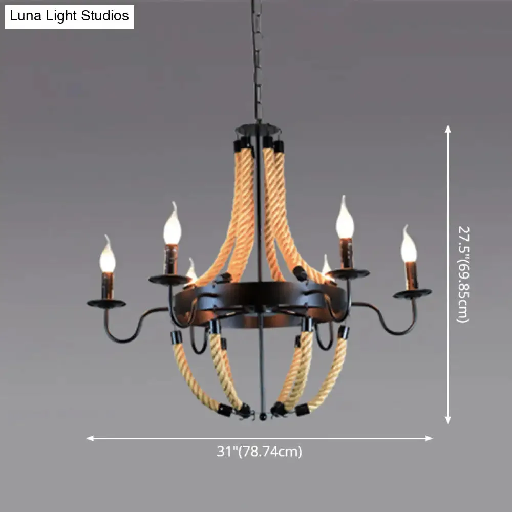 Industrial Rope Style Chandelier Pendant Lamp - Elegant Black Finish Candle Shape, Adjustable 39" Chain